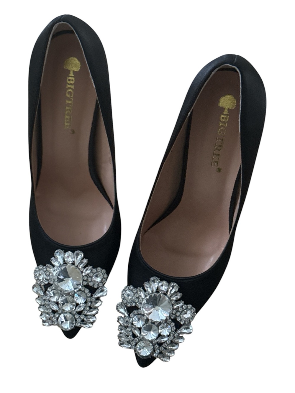 NWOT Bigtree Black Satin Jeweled Toe Heels